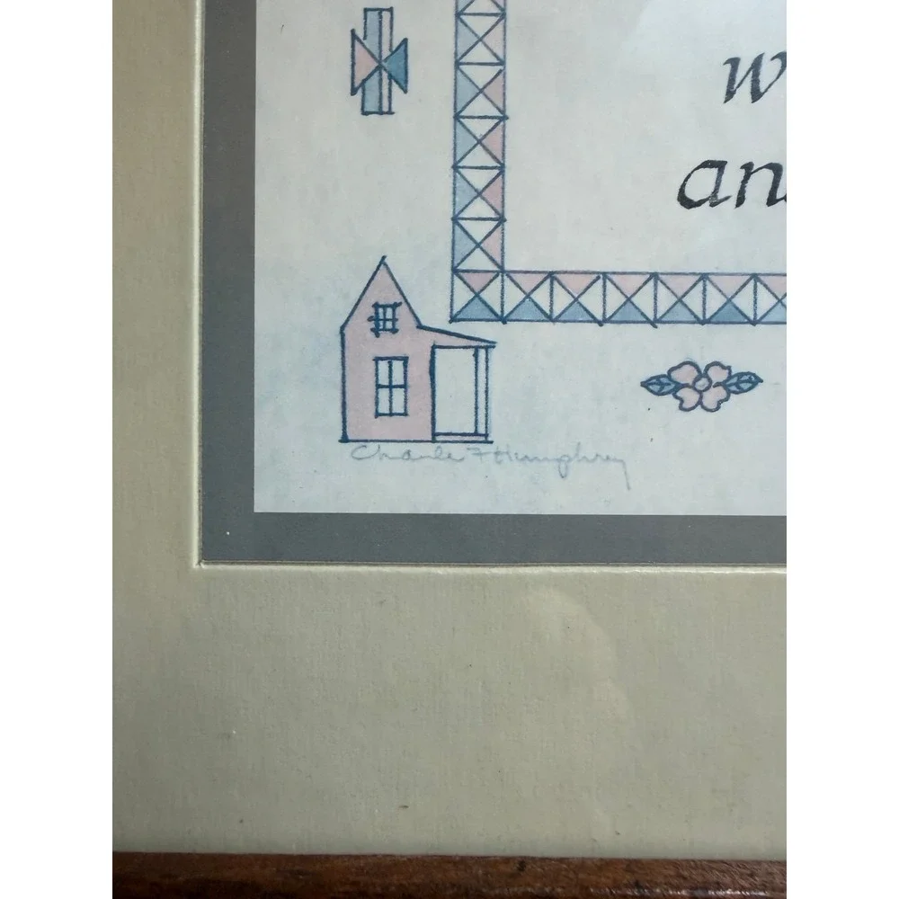 Vintage CHARLES F HUMPHREY Bless This House Calligraphy Print, Faux cross stitch